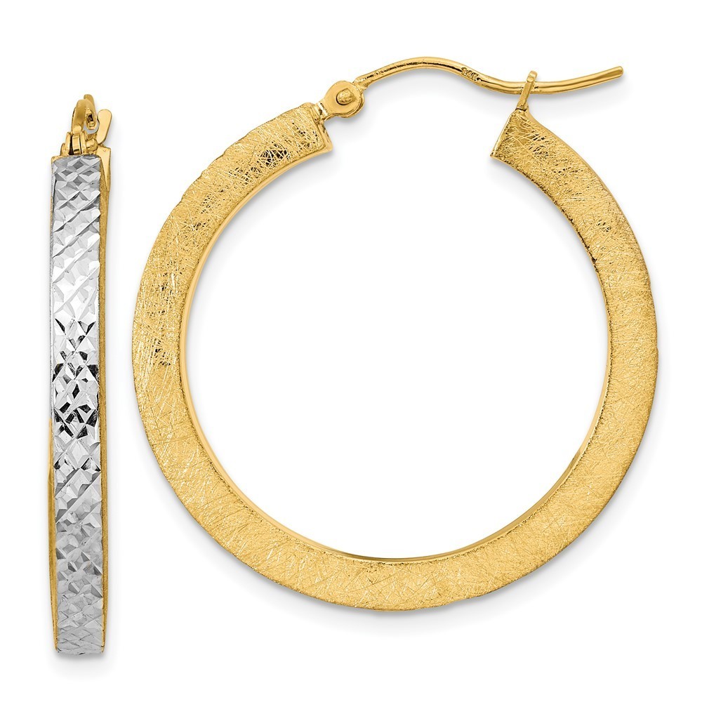 14k Yellow Gold White Satin Diamond-Cut Hoop Earring 32.19 L X 29.98 Mm W